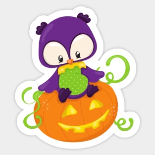 Halloween Owl, Cute Owl, Purple Owl, Pumpkin Sticker